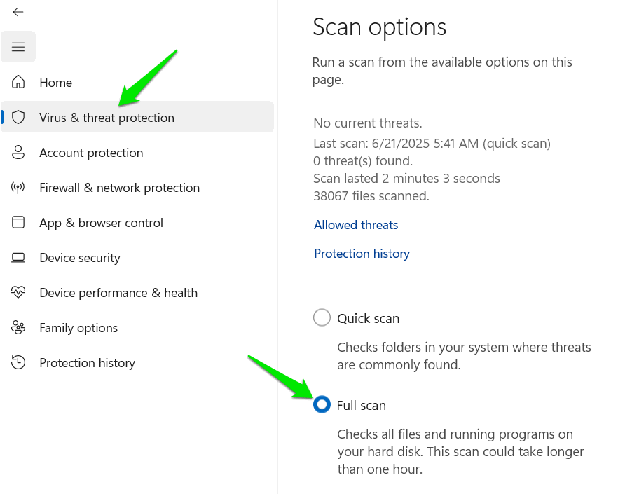 Application Windows Security avec des options de numérisation affichant