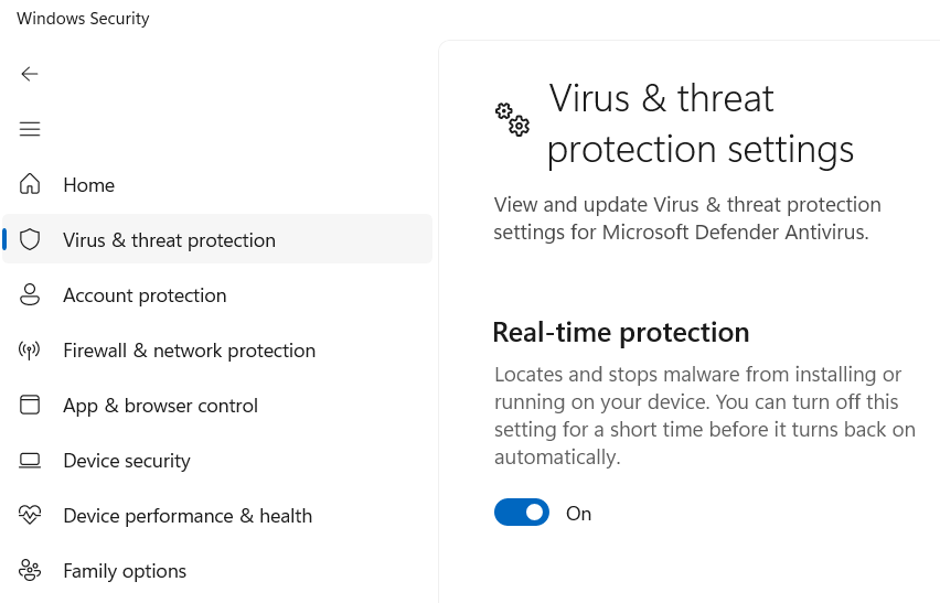 Microsoft Defender Protection en temps réel activé Affichage