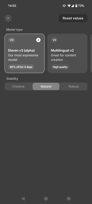 V3 Affichage du modèle dans l'application ElevenLabs pour les appareils mobiles.
