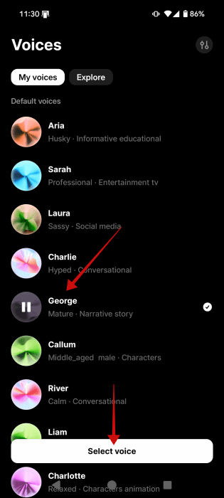 Sélection de la nouvelle voix dans l'application ElevenLabs.