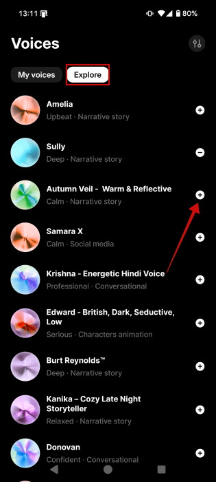Ajout d'une nouvelle voix à partir de l'onglet Explorer dans l'application ElevenLab.