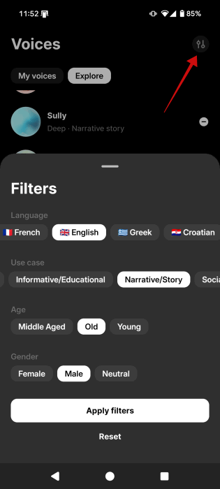 Ajout de filtres pour rechercher des voix dans l'application ElevenLab.