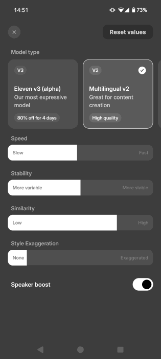 V2 vue du modèle dans l'application ElevenLabs pour les appareils mobiles.