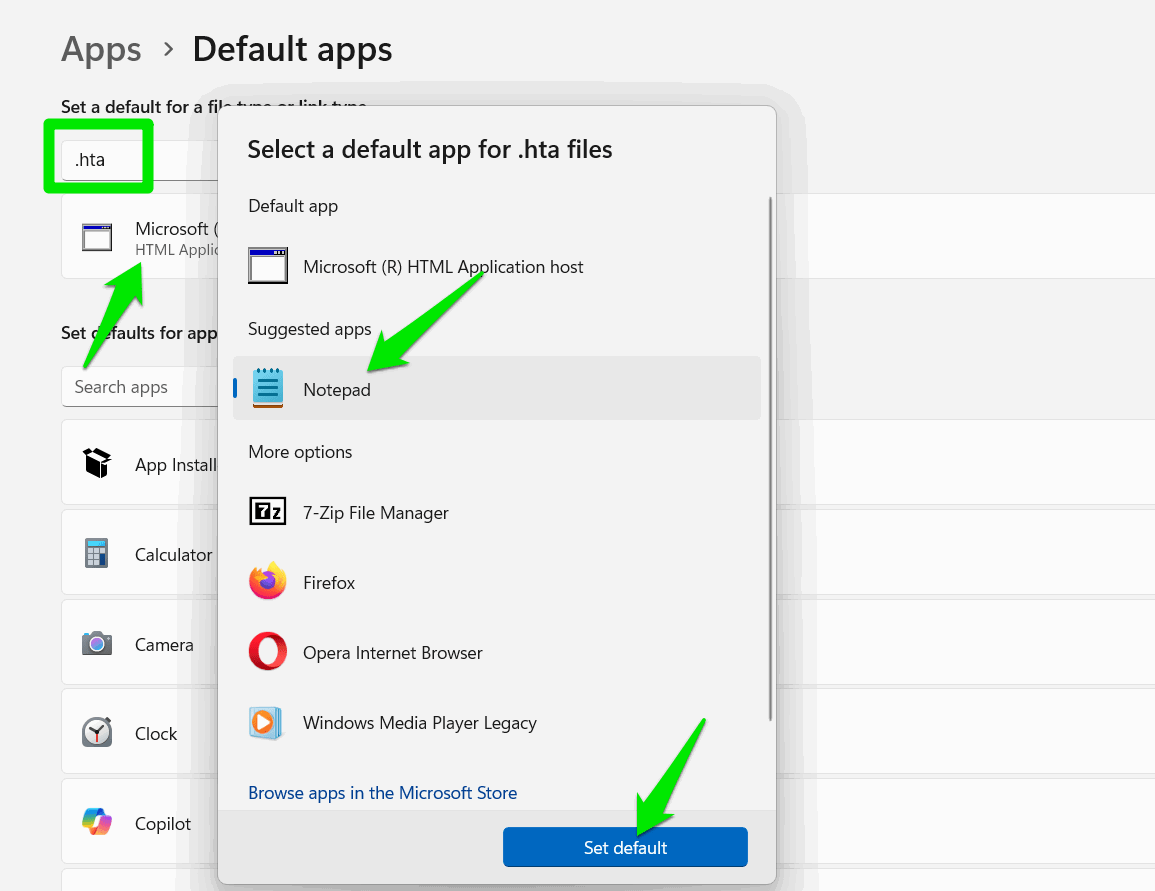 Définition du bloc-notes comme application par défaut dans les paramètres Windows