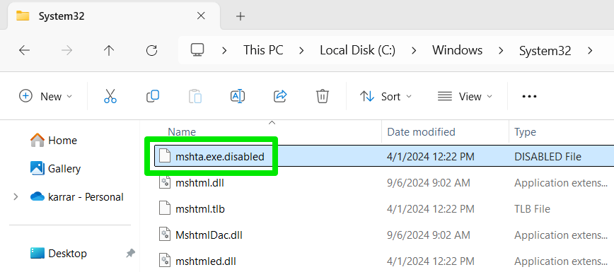 Modification du nom de l'application MSHTA dans Windows 11