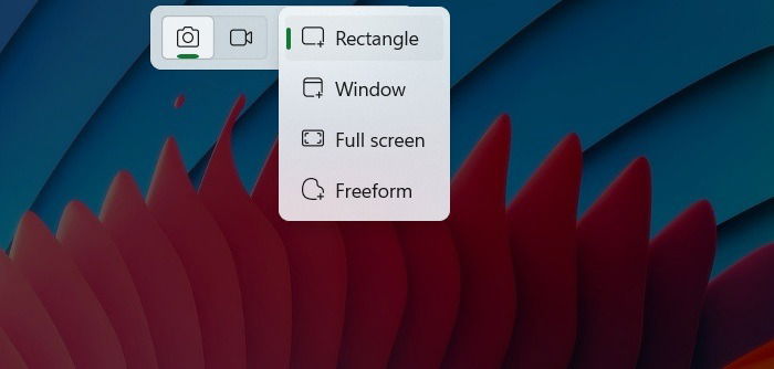 Win + Shift + S conduisant à une superposition d'outil de snipping avec rectangle, fenêtre et autres options.