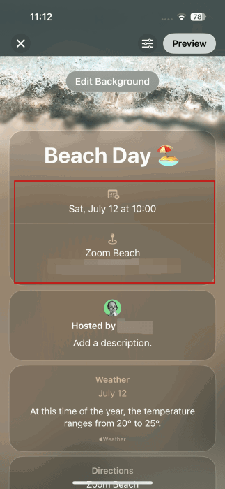 Ajout de la date et de l'emplacement pour une nouvelle invitation dans l'application Invite sur iPhone.