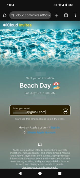 Inscrivez-vous avec le courrier électronique pour afficher l'invitation de l'événement Apple sur l'appareil invité.