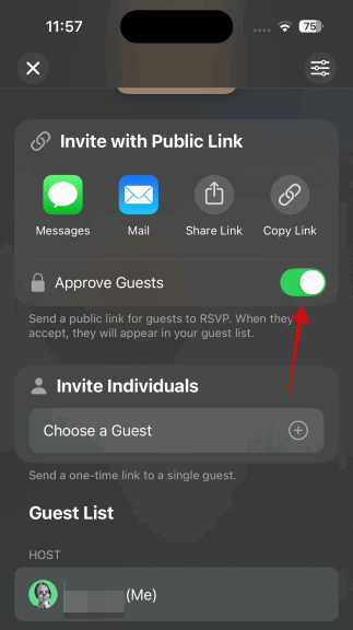 Partage d'options pour de nouveaux événements Inviter dans l'invitation de l'application sur iPhone.