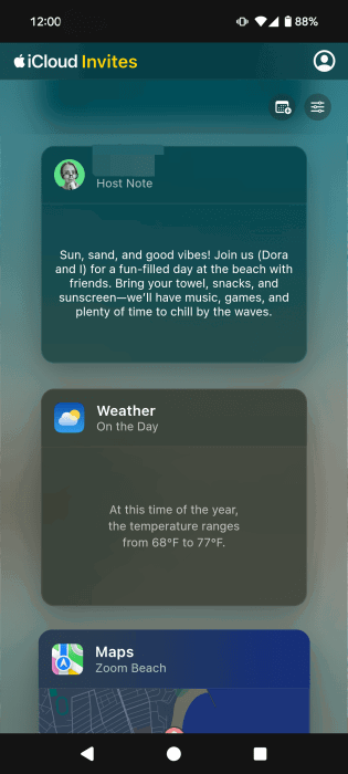 Présentation de l'événement fait avec Apple Invite App sur l'appareil invité.