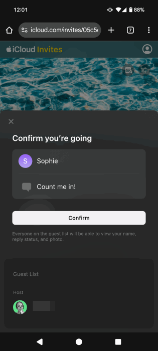 RSVP-ing avec une note à l'événement créé avec l'application Invite sur iPhone.