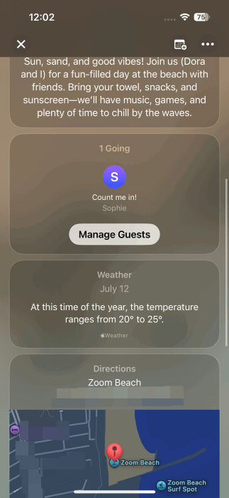 Affichage de l'invité sur la page de l'événement dans l'application Invite sur iPhone.