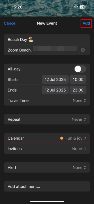 Création d'un événement dans l'application de calendrier iPhone à partir de l'événement invite.