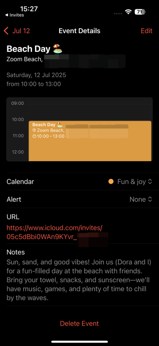 Afficher les détails de l'événement dans l'application Calendar sur iPhone.