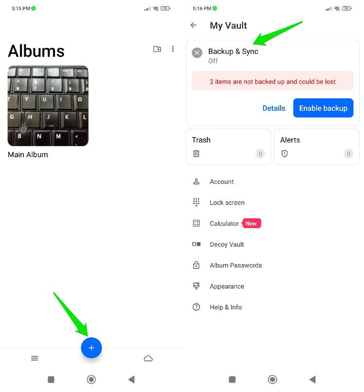 KeepSafe Photo Vault Interface et paramètres