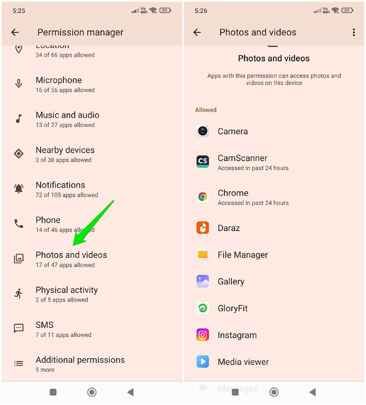 Liste des autorisations d'applications sur Android avec application avec autorisations médiatiques