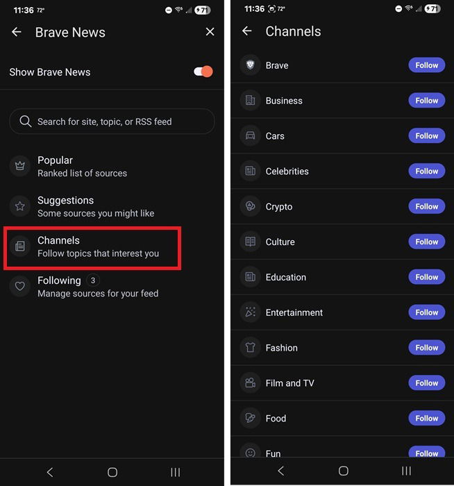 Ajout de chaînes sur Brave News.