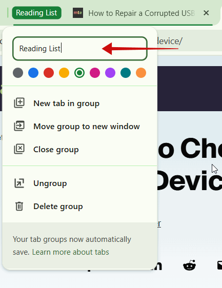 Groupe d'onglet de dénomination dans Chrome Browser sur PC.