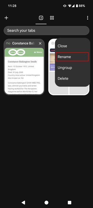 VOIR DE RENOMMAGER LE GROUPE D'APPLOS dans Chrome sur Android.
