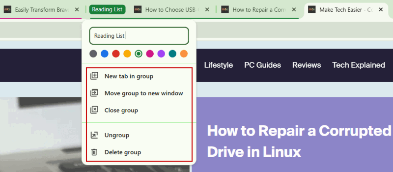 Voir toutes les options de groupe d'onglet dans Chrome Browser sur PC.