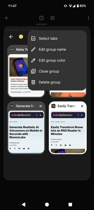 Autres options disponibles pour le groupe TAB dans Chrome sur Android.