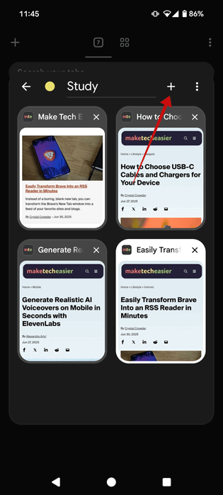 Ajout d'un nouvel onglet à un groupe d'onglet dans Chrome sur Android.