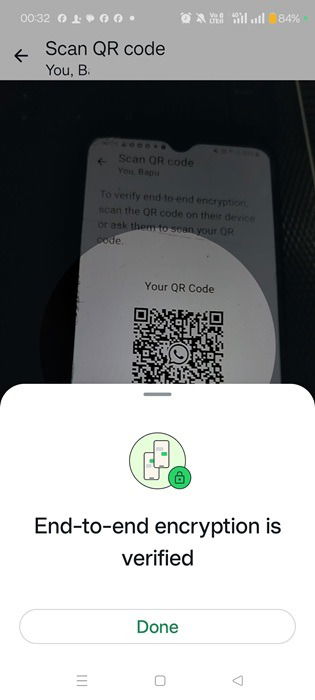 Vérification de bout en bout terminée dans le périphérique Android pour WhatsApp.