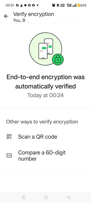Vérification de bout en bout pour un contact réussi dans WhatsApp sur Android.