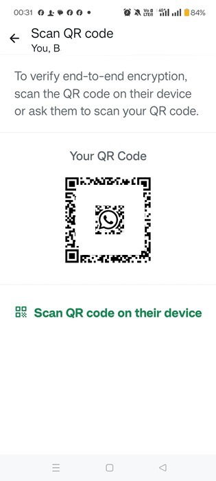 Numérisation des options de codes QR visibles sur le contact d'un WhatsApp.