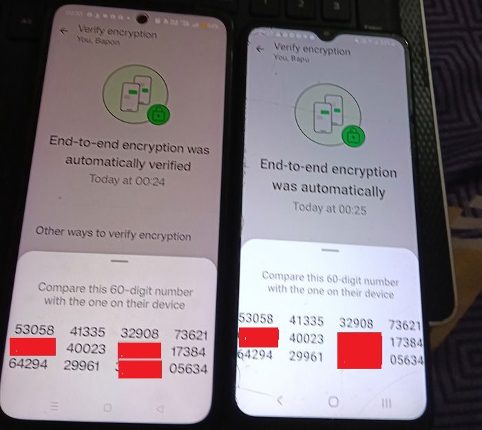 Comparaison des nombres à 60 chiffres pour la vérification de contact dans WhatsApp.