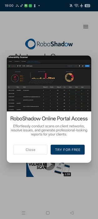 Application Roboshadow avec fonction d'accès au portail en ligne.