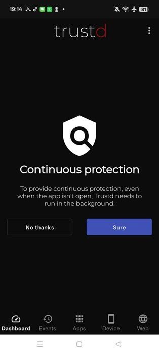 Trustd App sur Android avec sa fonction de protection continue.
