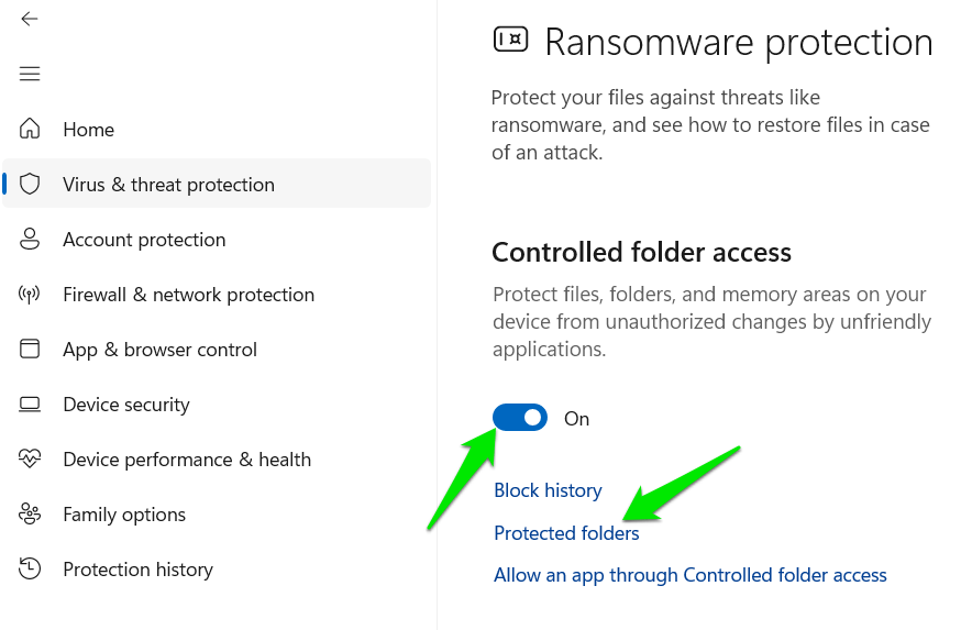 Accès à dossier contrôlé activé avec Options Windows Security