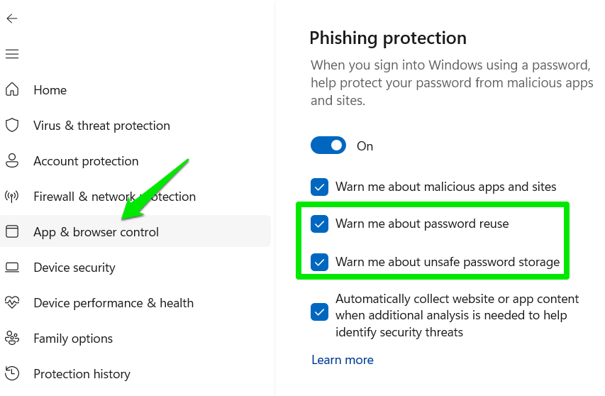 Paramètres de phishing de Windows Security