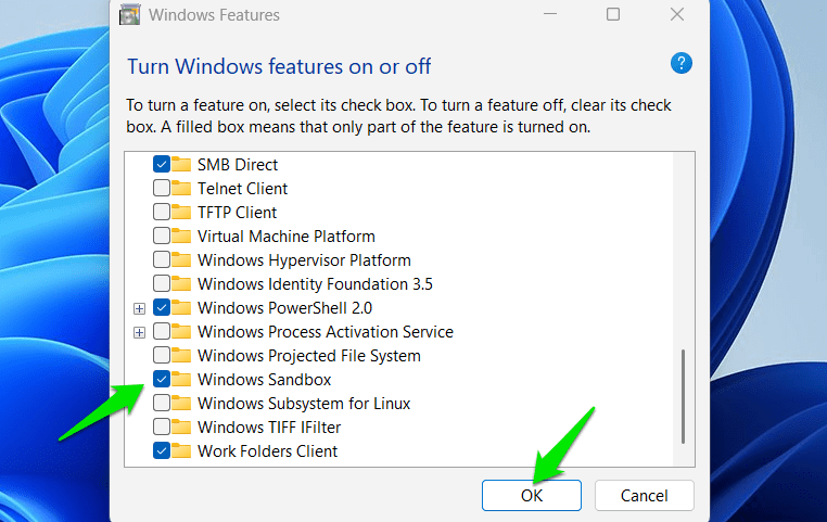 Activation de Sandbox Windows dans Windows Fonctions facultatives