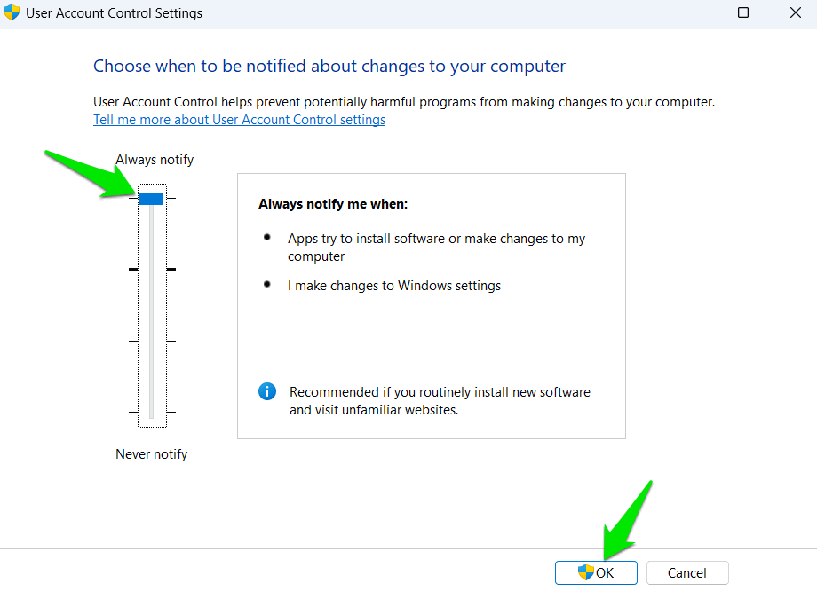 Interface Windows UAC avec le curseur maximum
