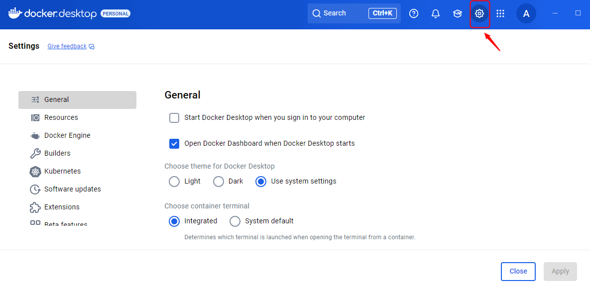 Paramètres de bureau Docker