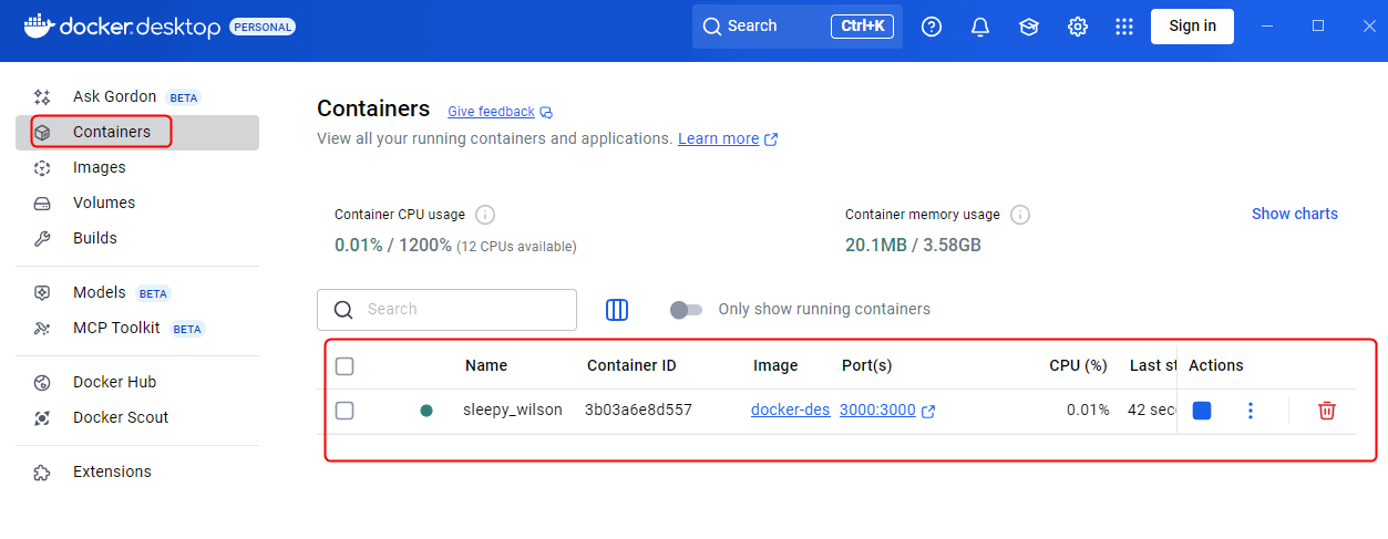 Vérifiez l'exécution du conteneur