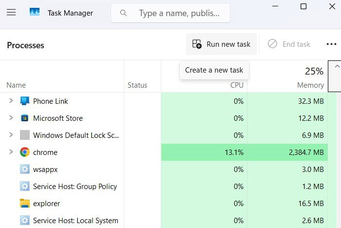 Créez une nouvelle tâche dans le gestionnaire de tâches.