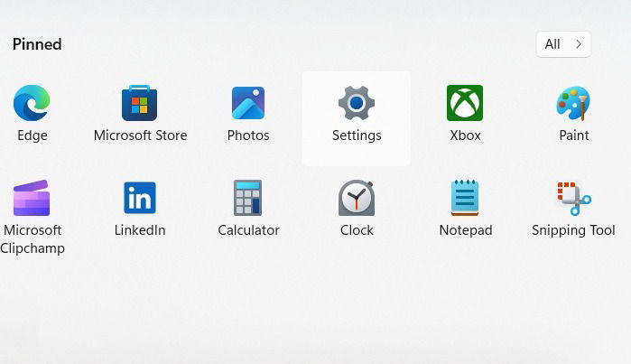 Application Paramètres dans la section Menus épinglée de la barre de recherche Windows 11.