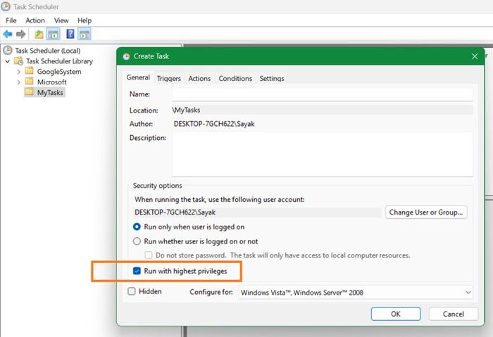 Créez une tâche avec les privilèges les plus élevés dans Task Scheduler.