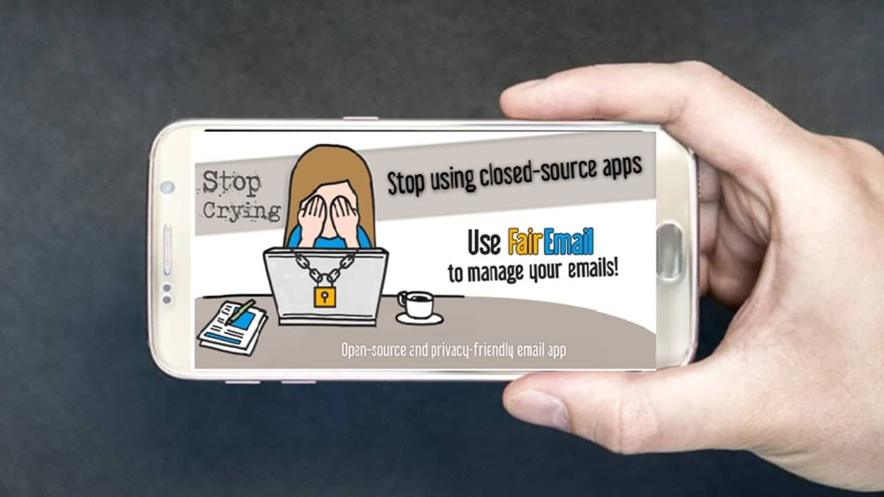 FairEmail logo on Android phone.