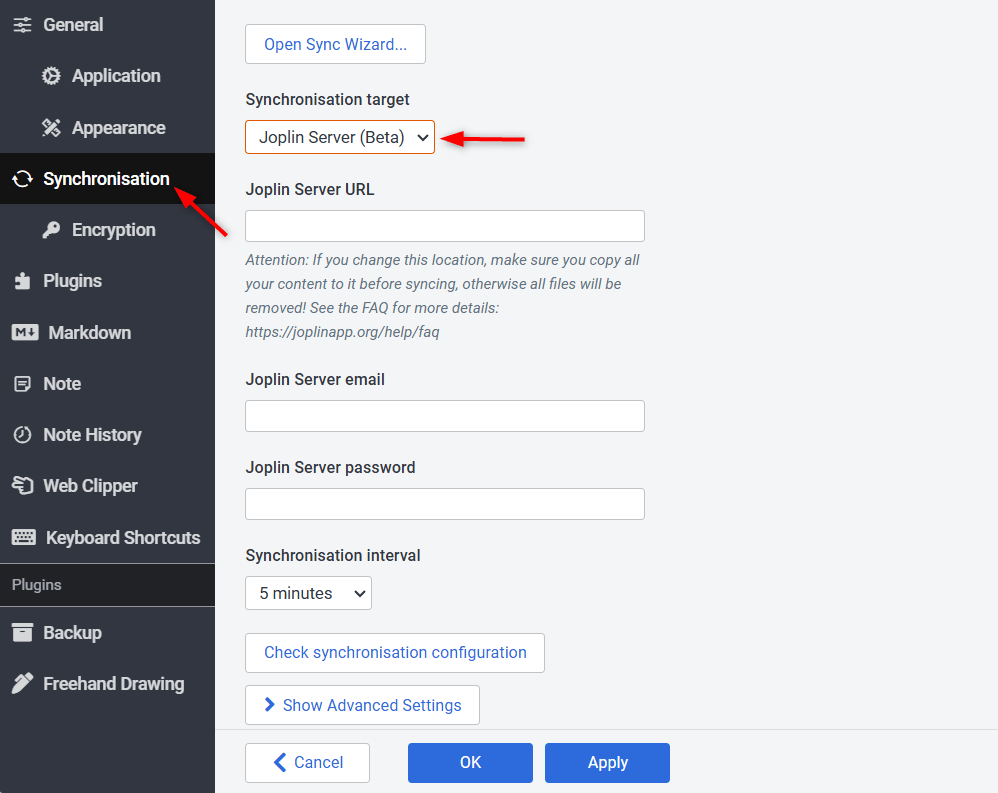 Connexion du serveur local dans le client Joplin