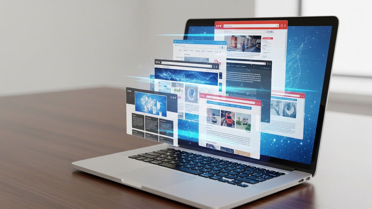 laptop on table with webpages holograms coming out of screen