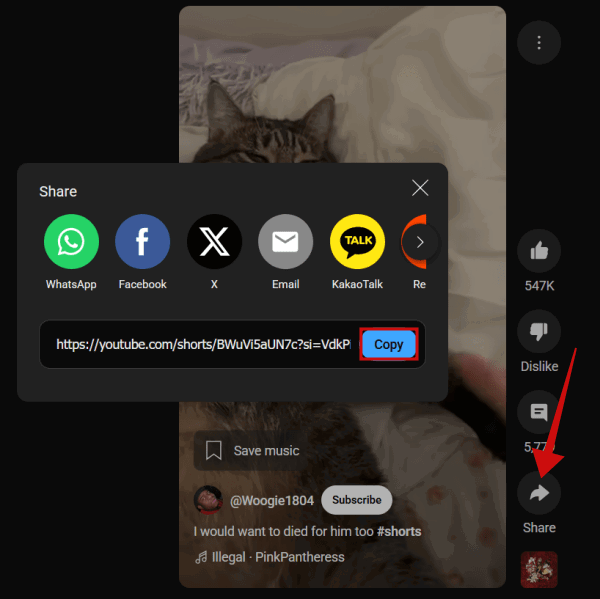 Copie de lien vers court sur YouTube sur PC via le menu de partage.