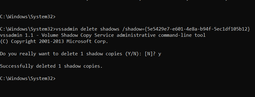 Suppression de la copie de l'ombre à l'aide de vssadmin dans l'invite de commande