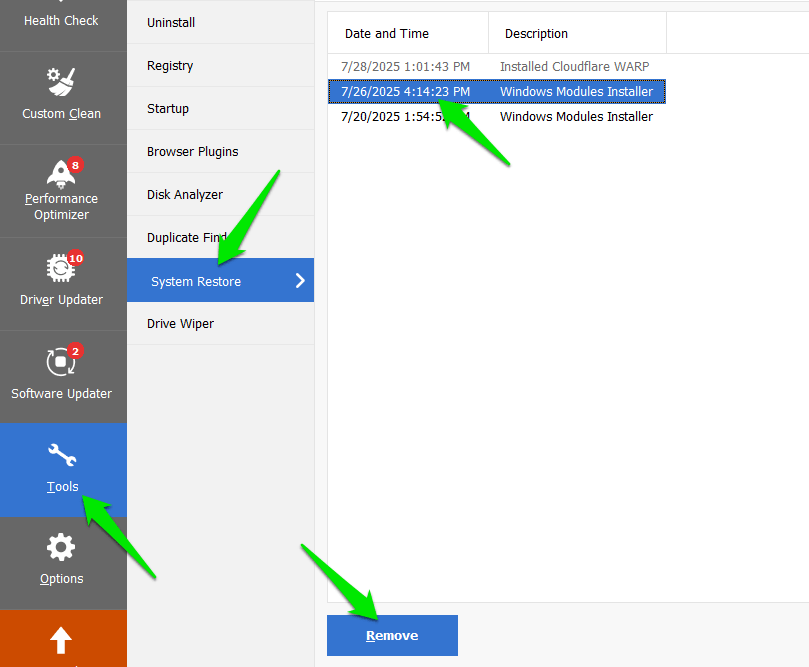 Suppression de points de restauration dans Ccleaner