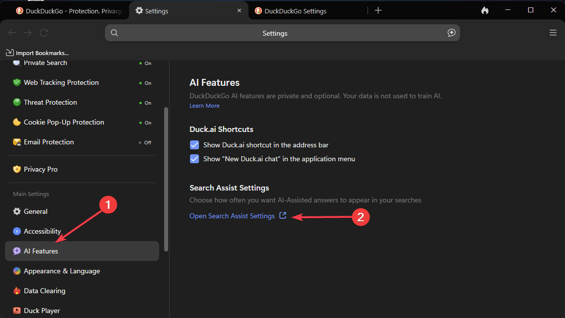 Ouvrez les paramètres d'assistance de recherche DuckDuckgo