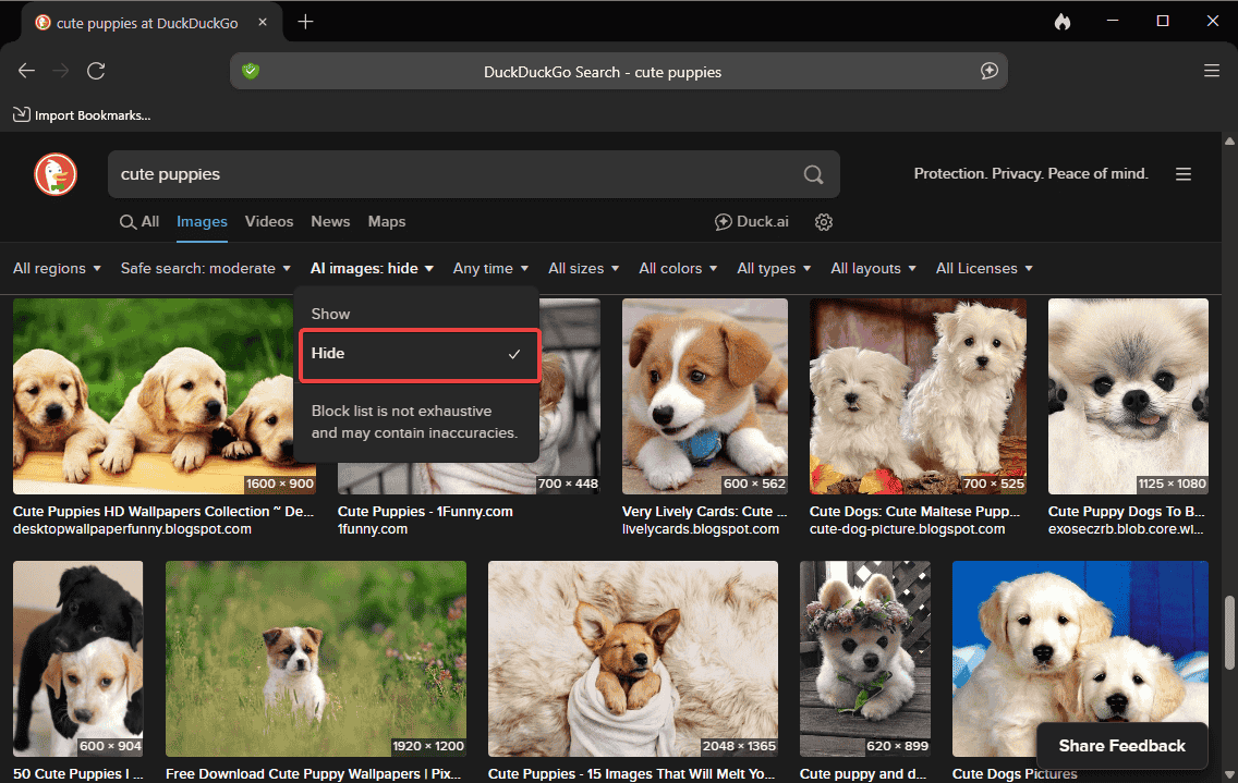 Masquer les recherches d'images AI