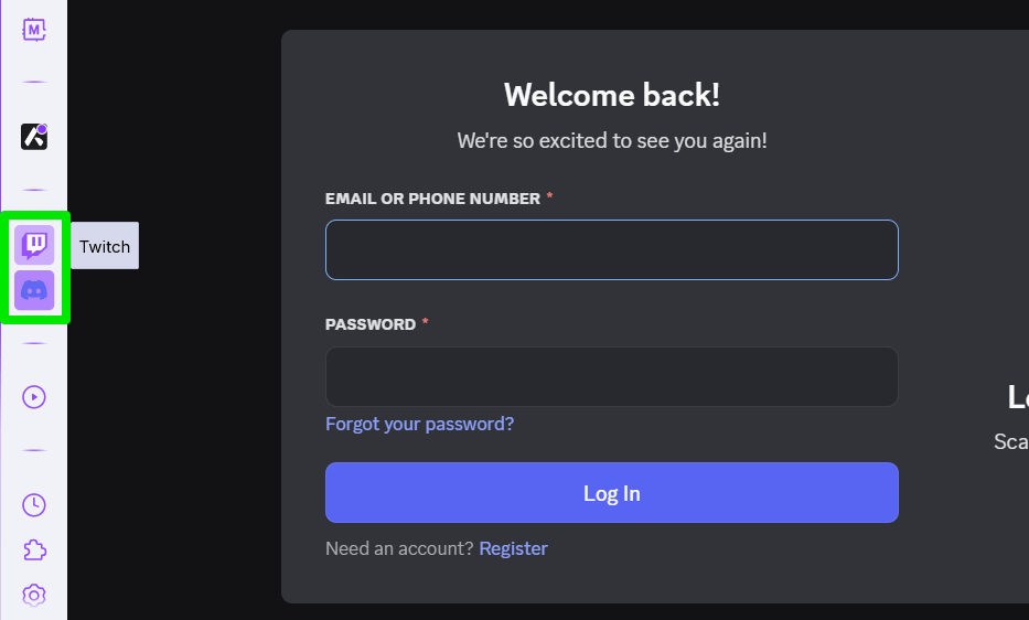 Opera GX Twitch et Discord dans la barre latérale avec Page de connexion Discord